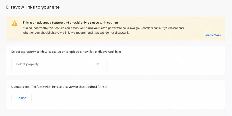 أداة التنصل من الروابط Disavow واجهة أداة Disavow المستخدمة للتنصل من الروابط المخالفة