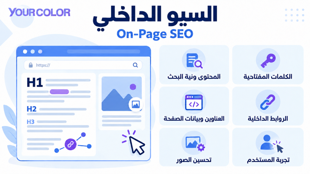 إنفوجرافيك يوضح عناصر السيو الداخلي: المحتوى والكلمات المفتاحية والعناوين والروابط والصور وتجربة المستخدم
