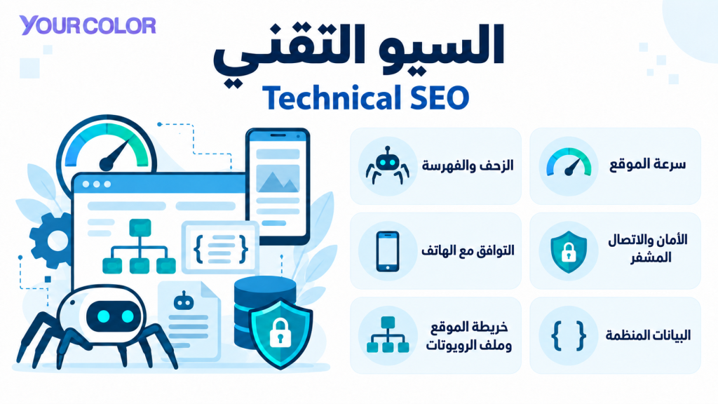 إنفوجرافيك يوضح عناصر السيو التقني: الزحف والفهرسة والسرعة والهاتف والأمان وخريطة الموقع والبيانات المنظمة