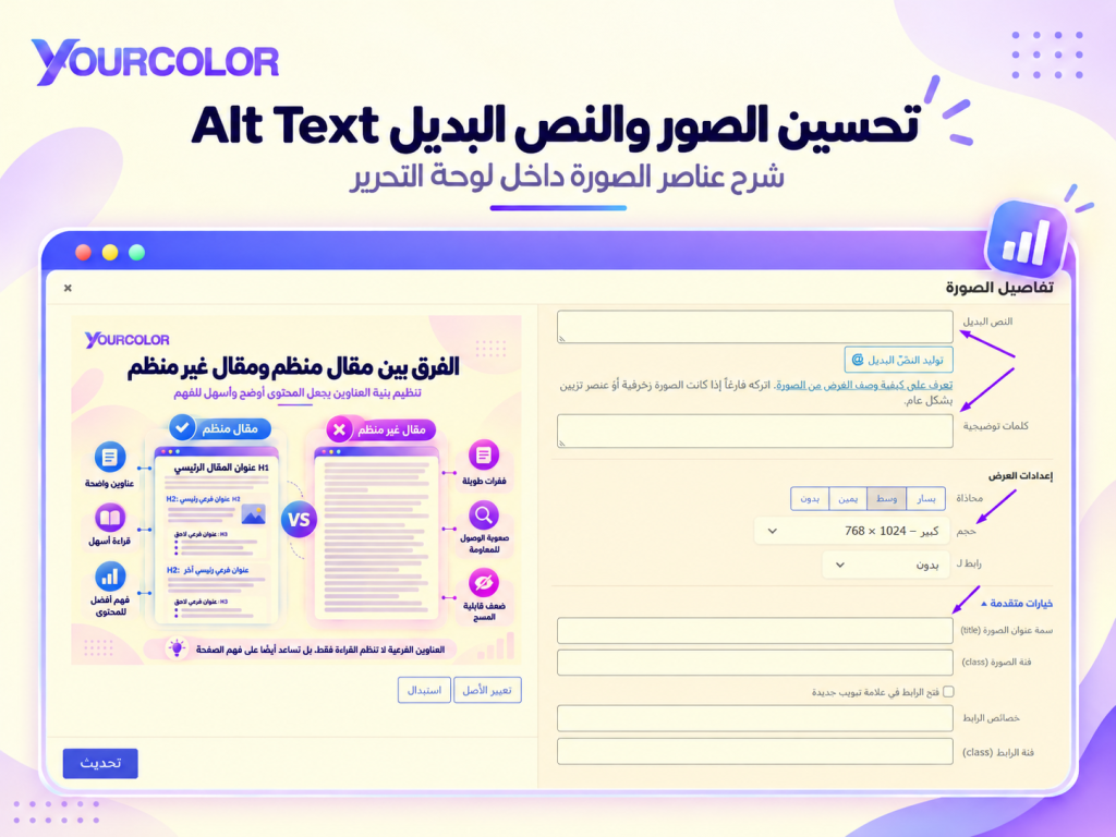 تحسين الصور والنص البديل شرح عناصر الصورة داخل لوحة التحرير