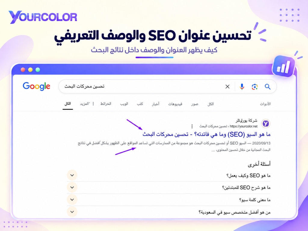 تحسين عنوان SEO والاوصاف التعريفية للصفحة عنوان سيو ووصف محسن يظهران في نتائج البحث.