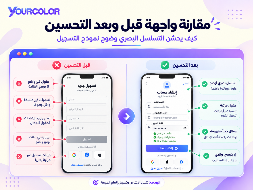 مقارنة واجهة قبل وبعد التحسين مقارنة تشرح كيف يحسن التسلسل البصري ووضوح النماذج